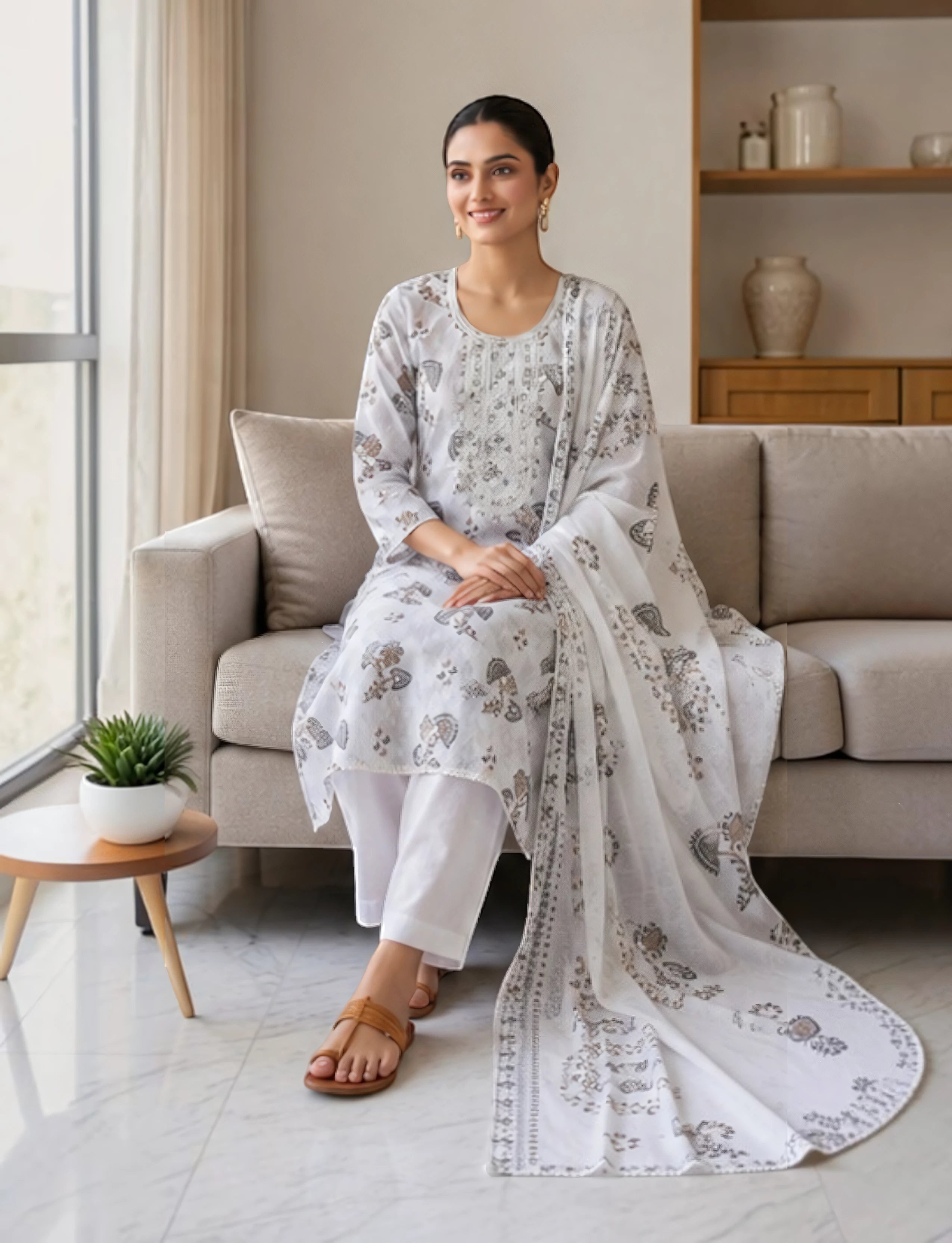 Cotton Salwar Suit Set with Neck Embroidery - white