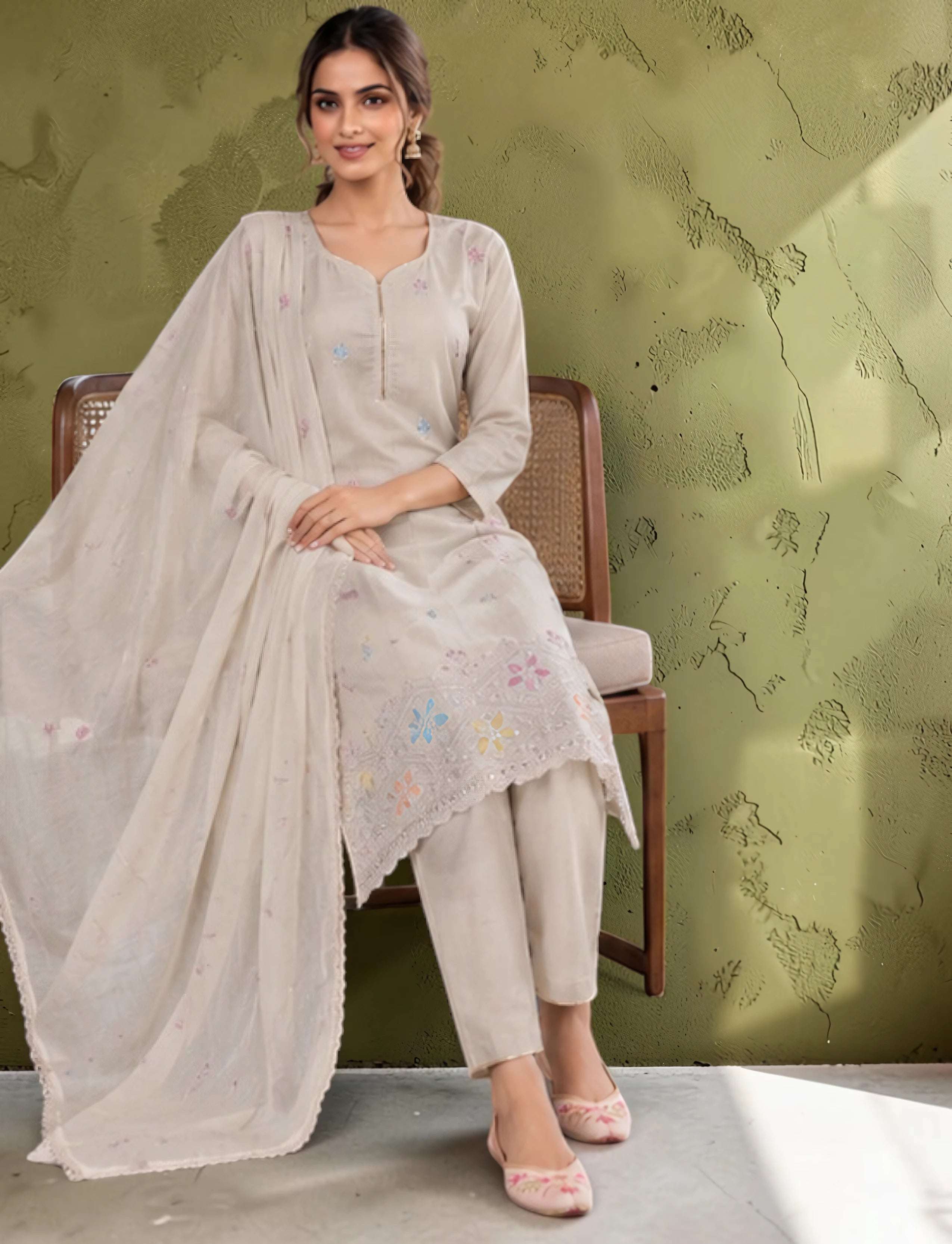 Cotton Salwar Suit Set with Embroidered Daman - Beige