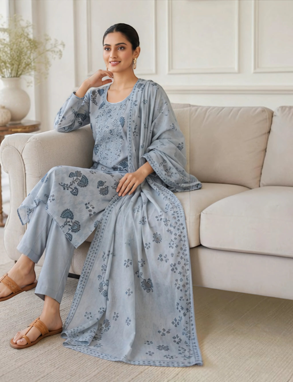 Cotton Salwar Suit Set with Neck Embroidery - Blue