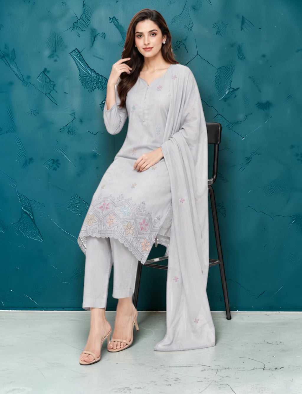 Cotton Salwar Suit Set with Embroidered Daman - Light Grey