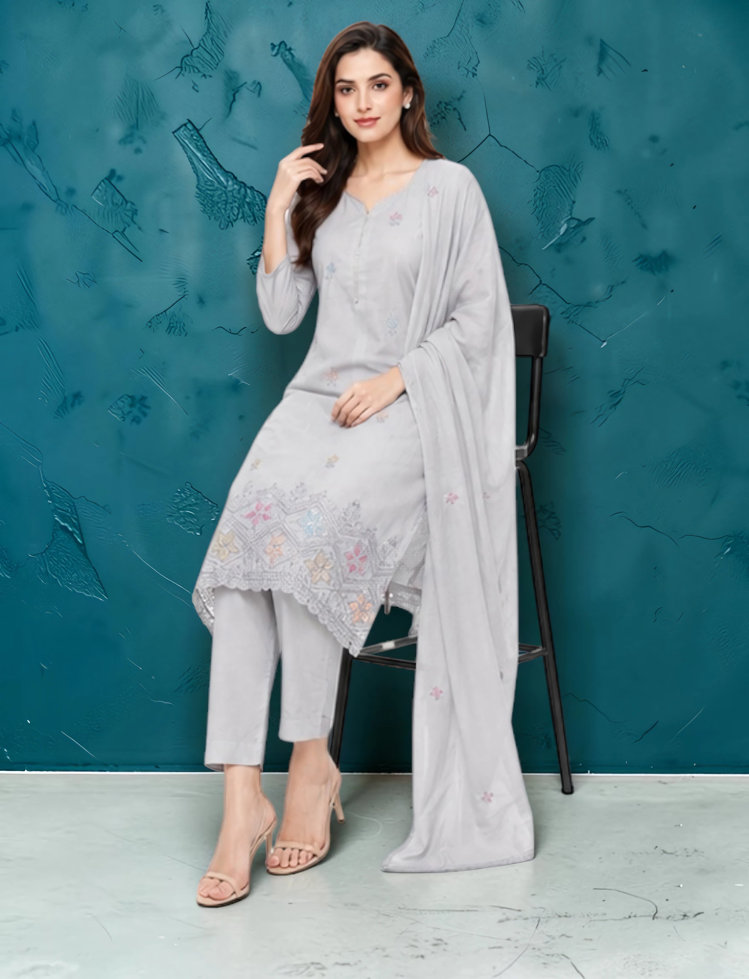 Cotton Salwar Suit Set with Embroidered Daman - Light Grey