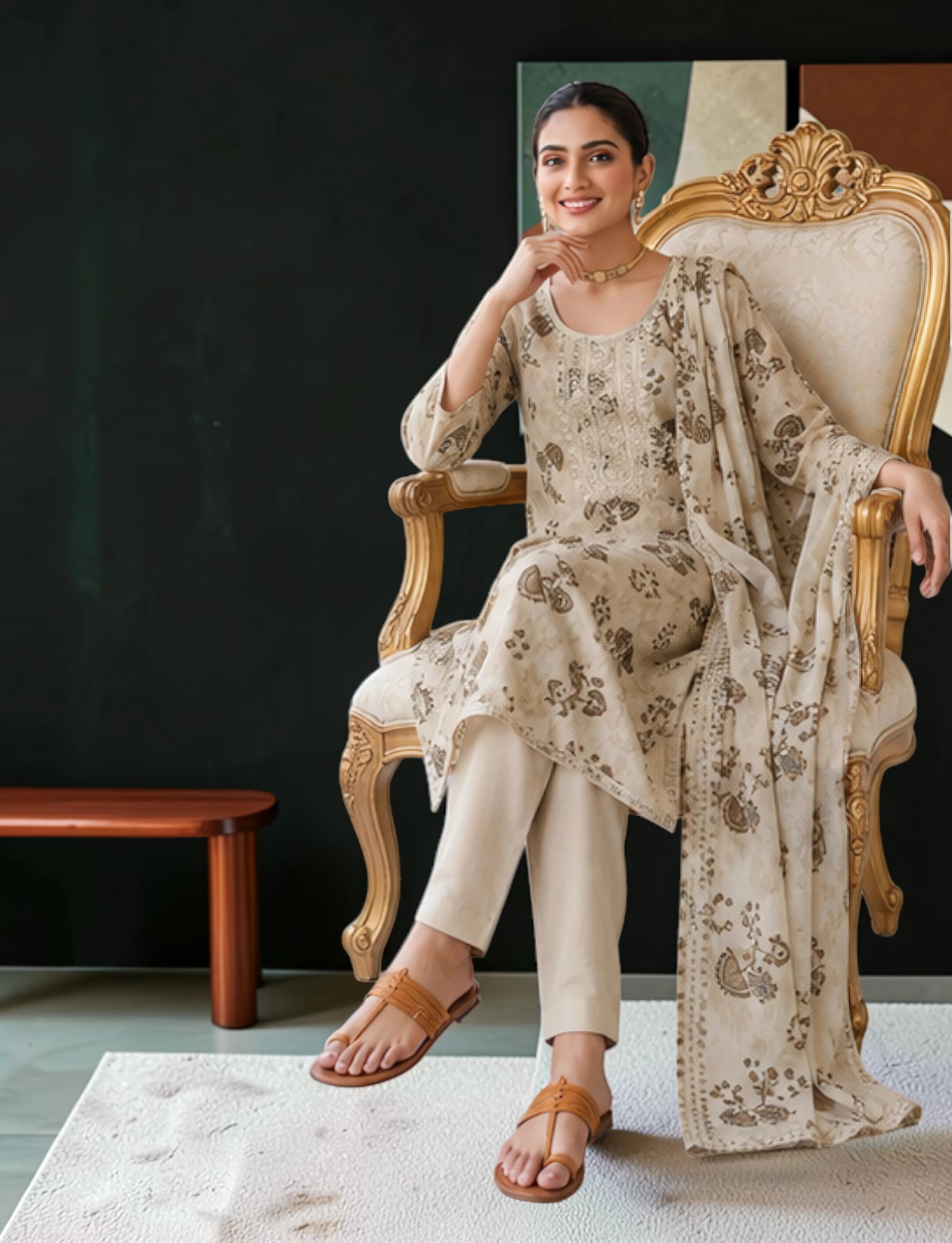 Cotton Salwar Suit Set with Neck Embroidery - Beige