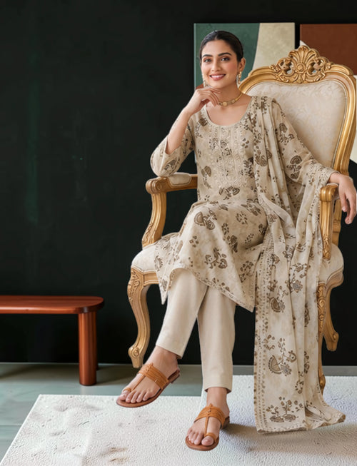 Cotton Salwar Suit Set with Neck Embroidery - Beige