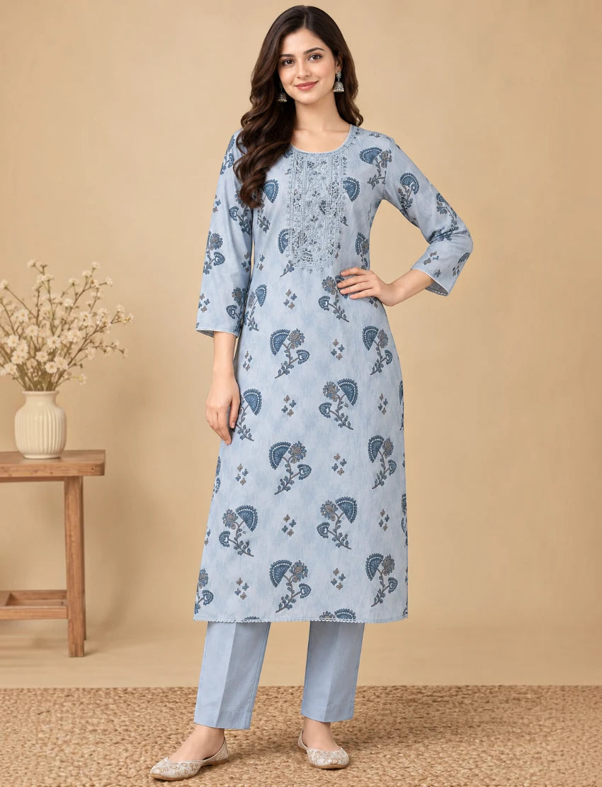 Cotton Salwar Suit Set with Neck Embroidery - Blue