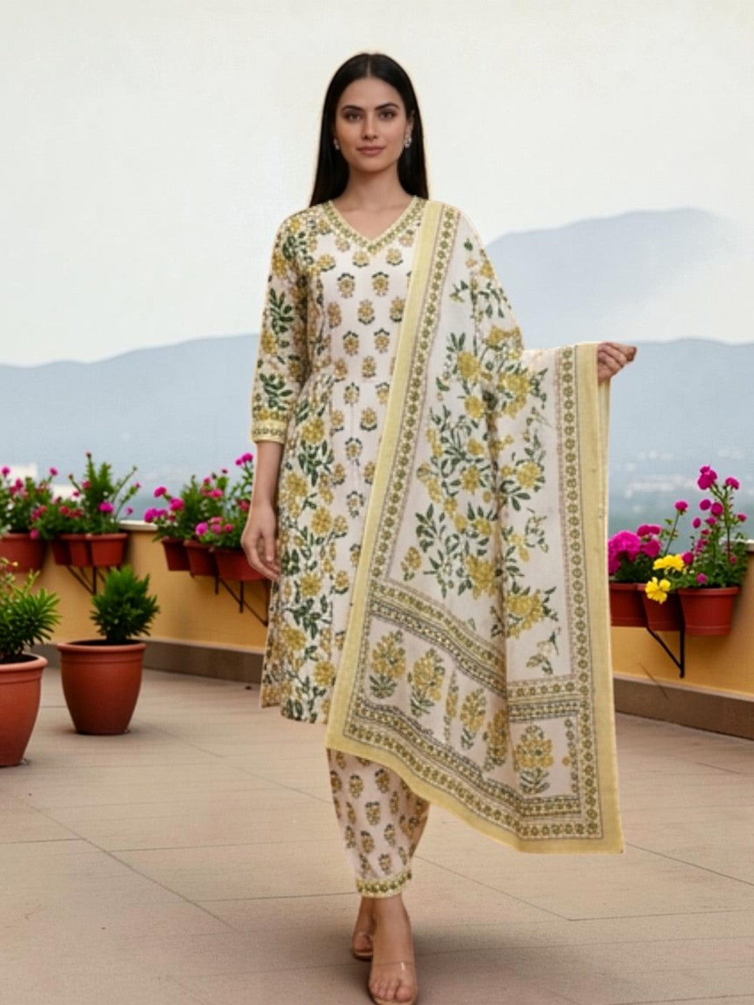 Cotton Salwar Suit Set, Floral Print, Yellow and Green, V-Neck Kurta with Dupatta