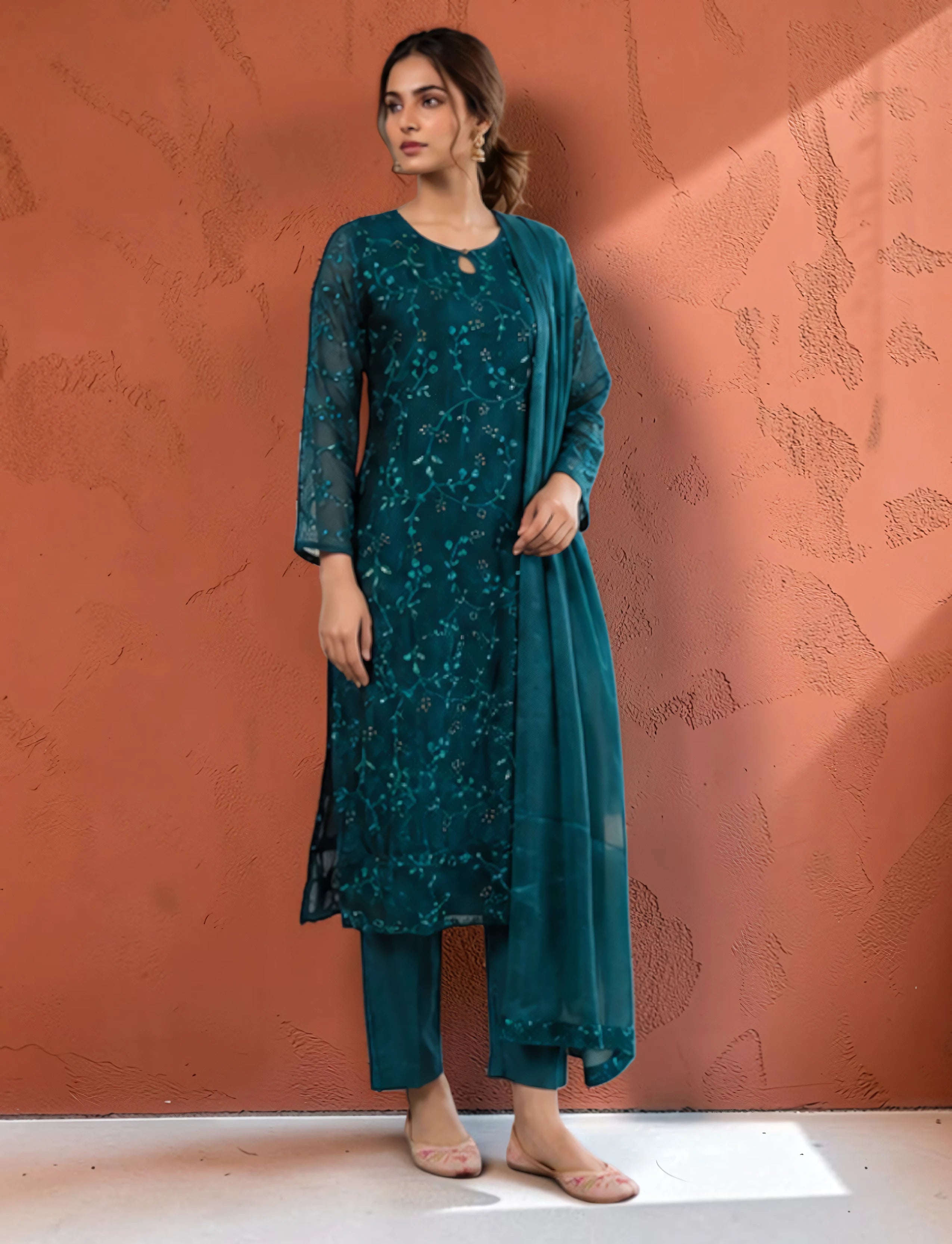 Women’s Green Floral Embroidered Kurta Set