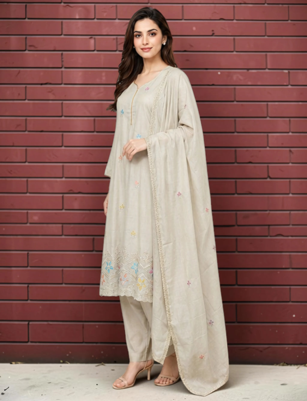 Cotton Salwar Suit Set with Embroidered Daman - Brown