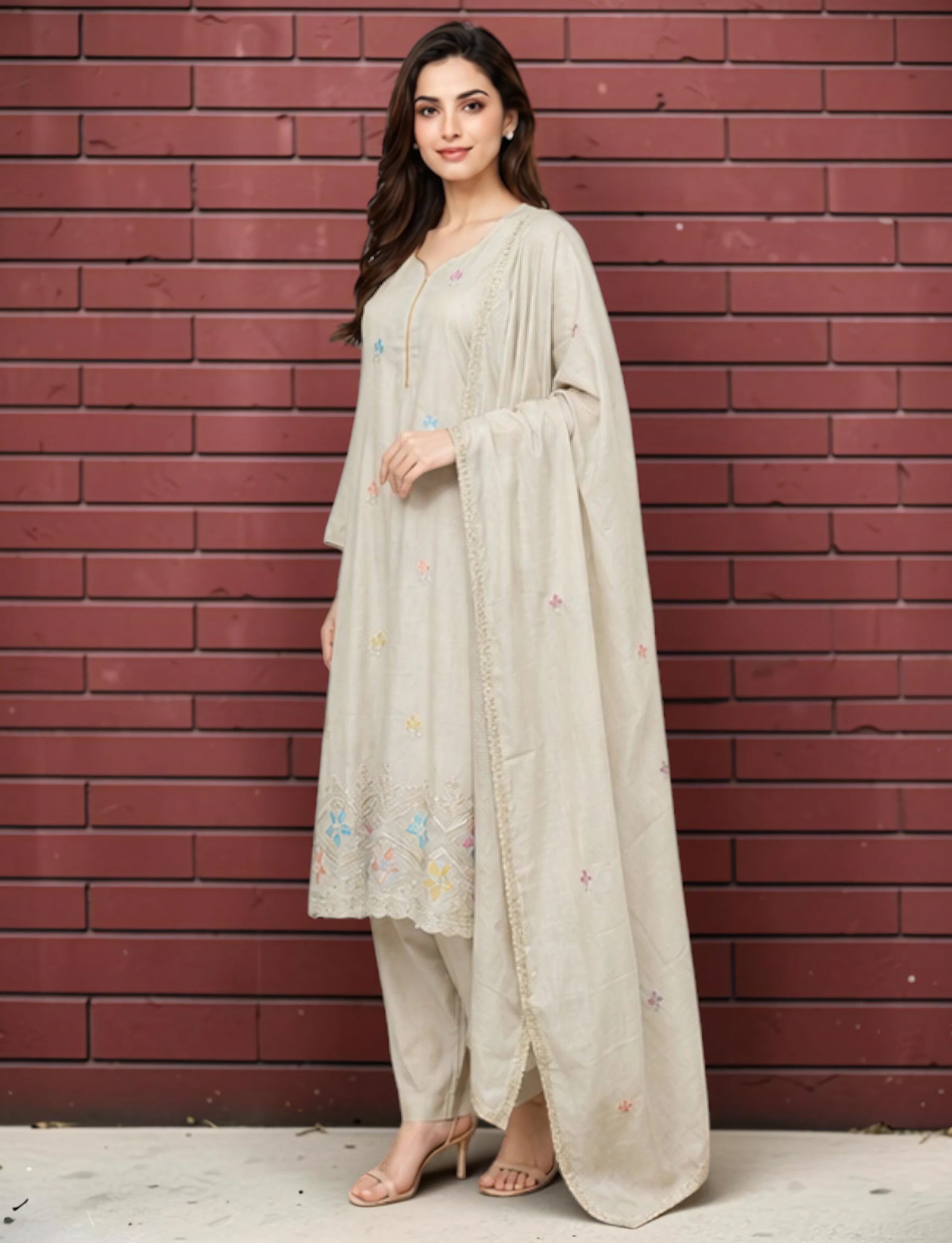 Cotton Salwar Suit Set with Embroidered Daman - Brown