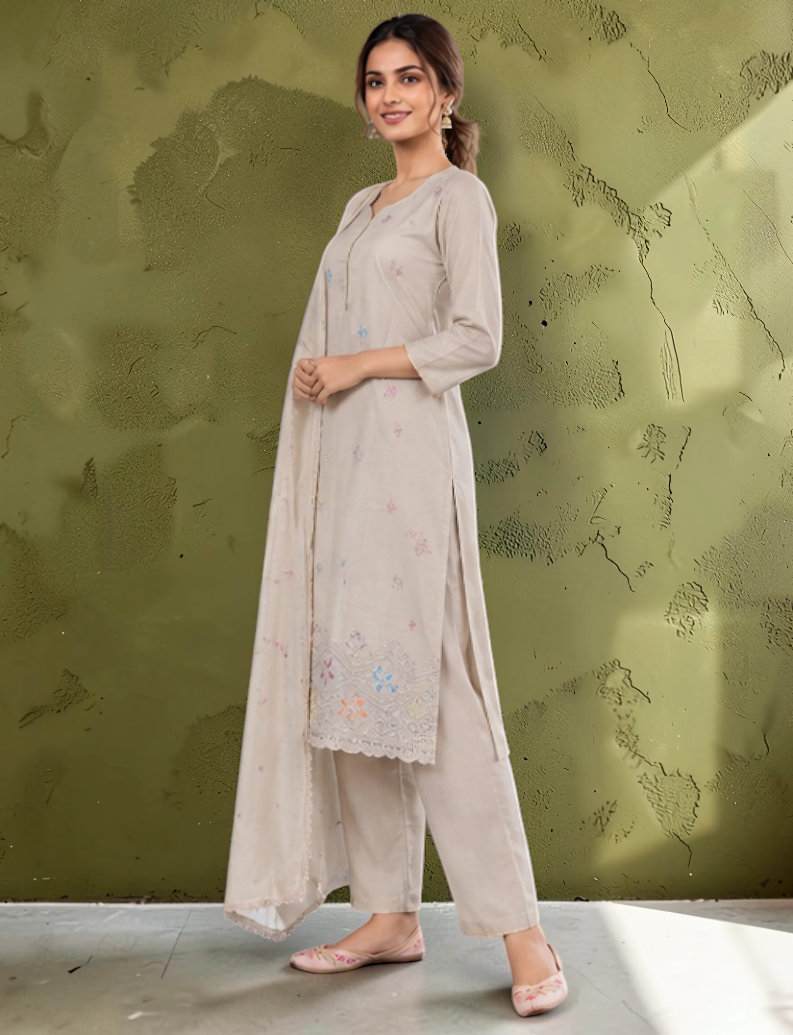 Cotton Salwar Suit Set with Embroidered Daman - Beige