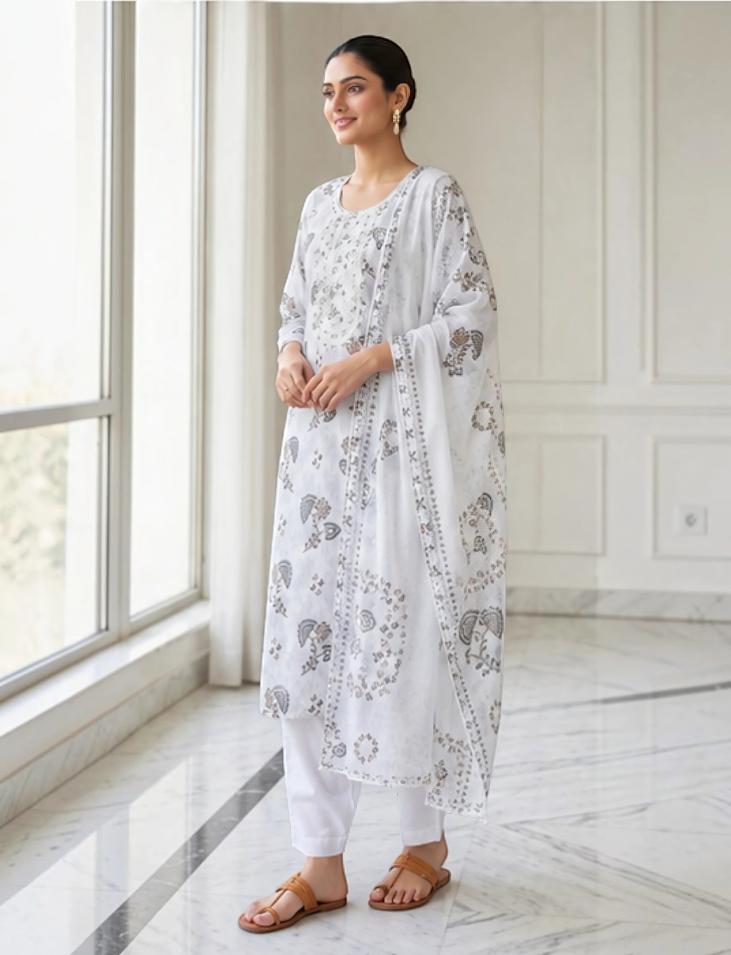 Cotton Salwar Suit Set with Neck Embroidery - white