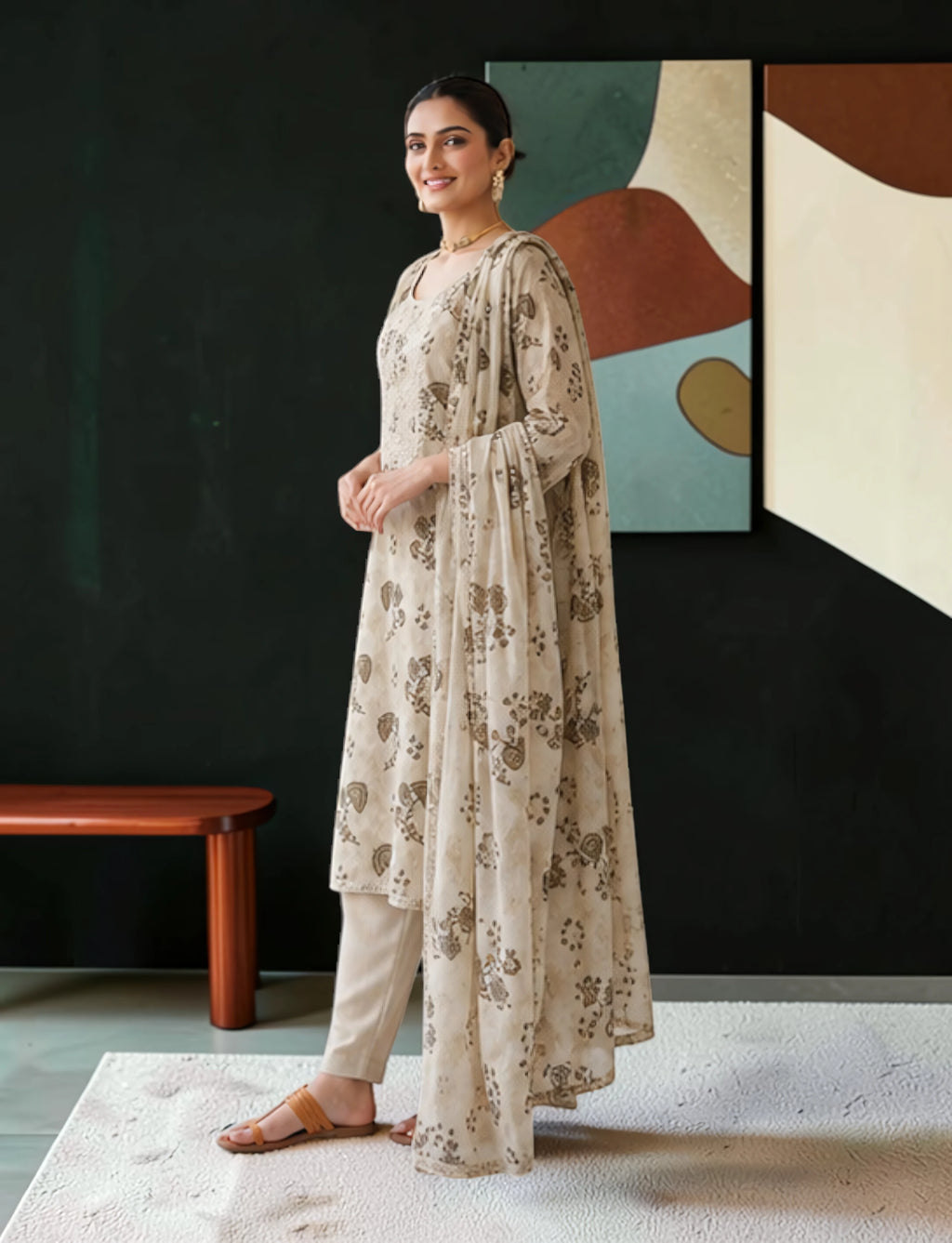 Cotton Salwar Suit Set with Neck Embroidery - Beige