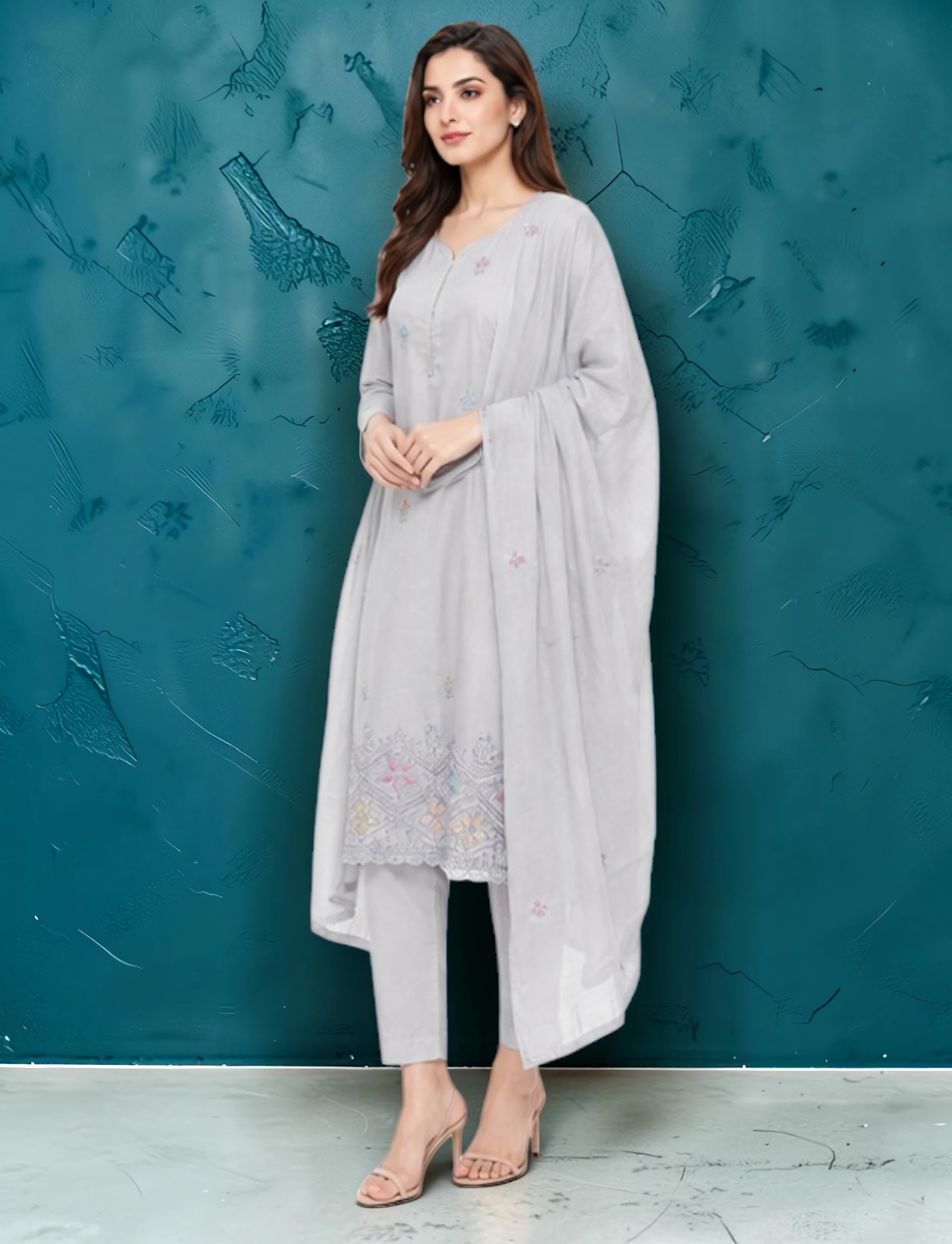 Cotton Salwar Suit Set with Embroidered Daman - Light Grey