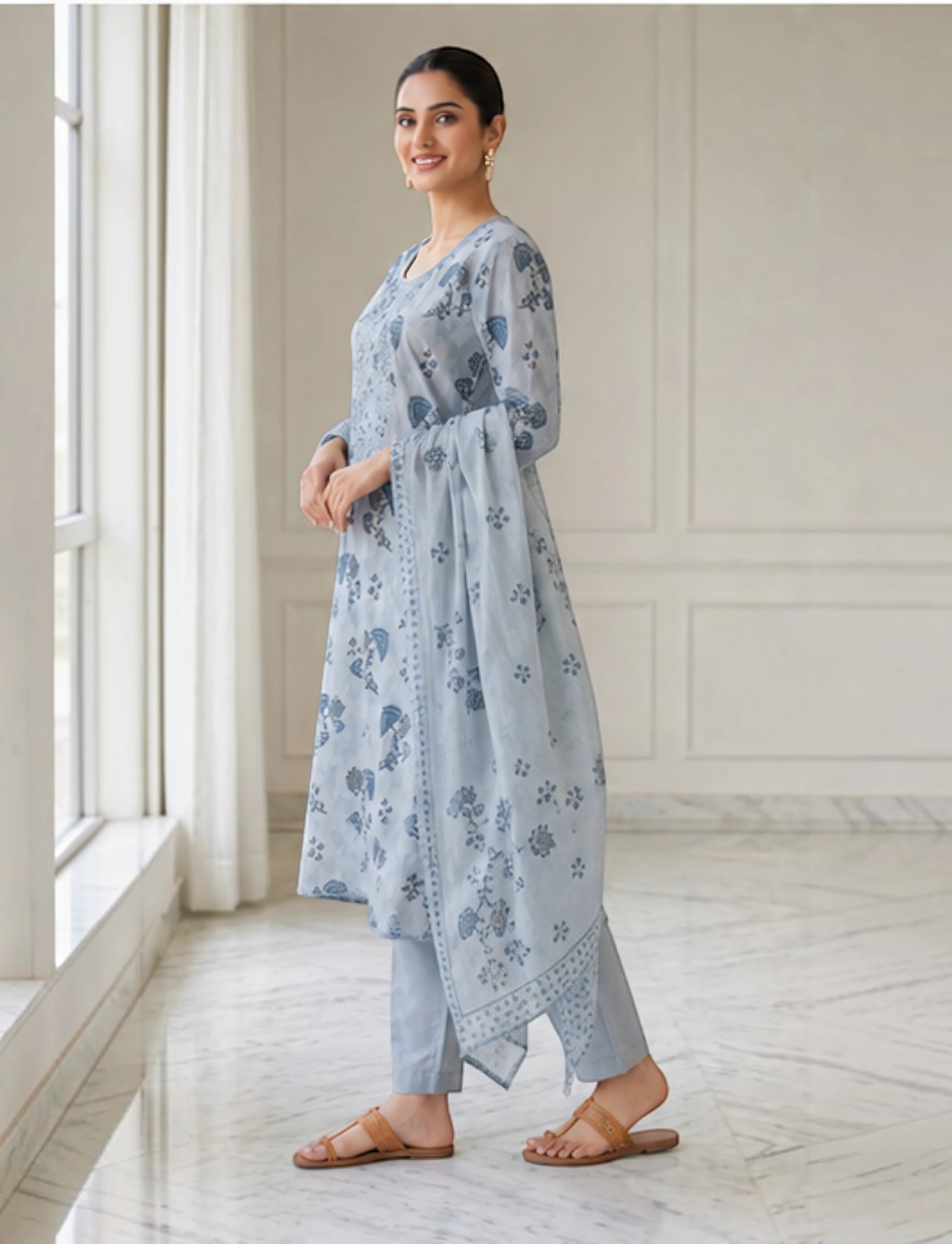 Cotton Salwar Suit Set with Neck Embroidery - Blue