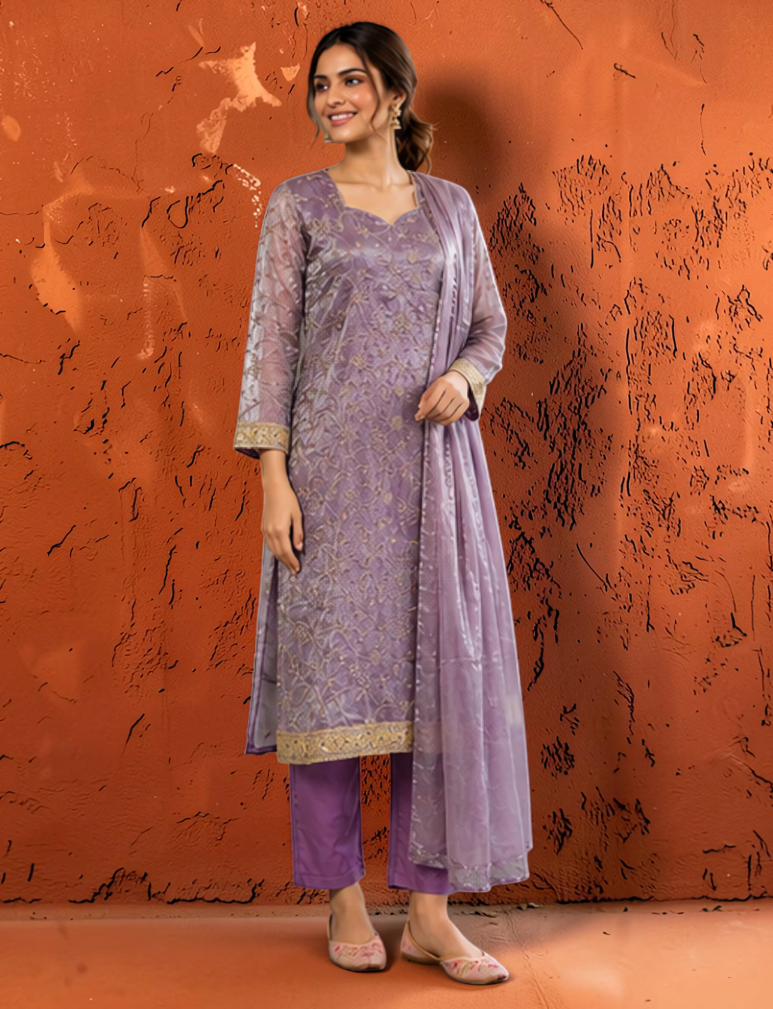 Women’s Lavender Floral Embroidered Kurta Set
