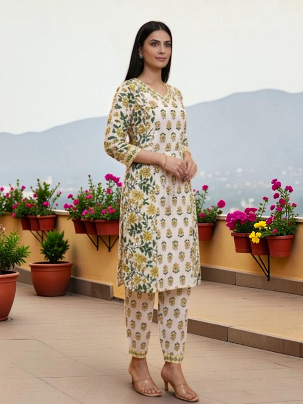 Cotton Salwar Suit Set, Floral Print, Yellow and Green, V-Neck Kurta with Dupatta