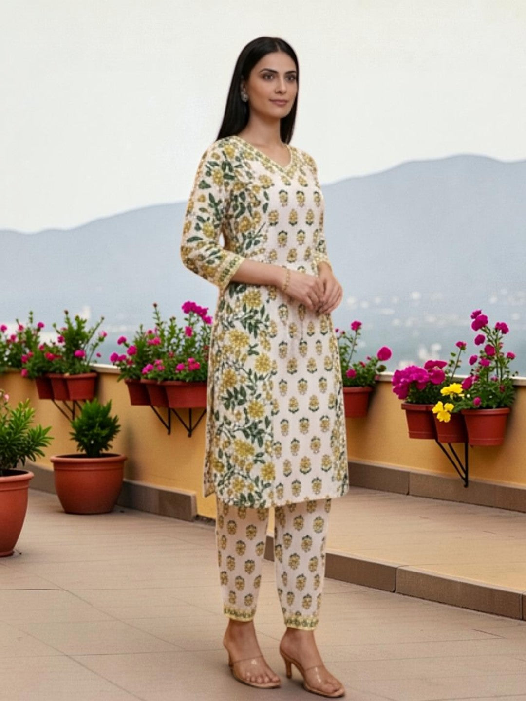 Cotton Salwar Suit Set, Floral Print, Yellow and Green, V-Neck Kurta with Dupatta