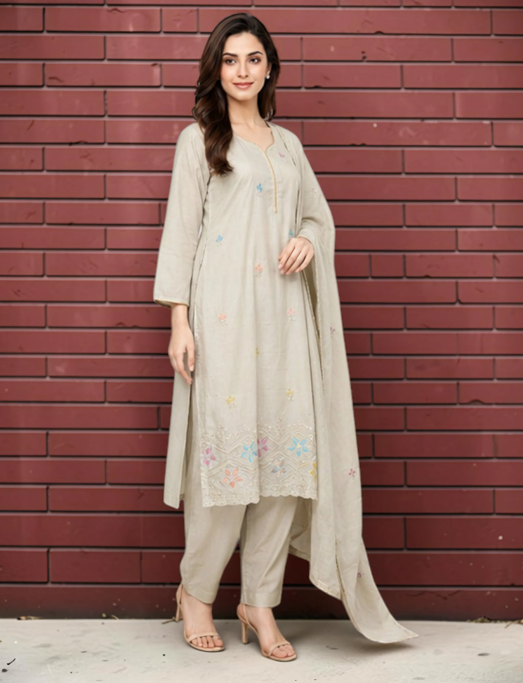 Cotton Salwar Suit Set with Embroidered Daman - Brown