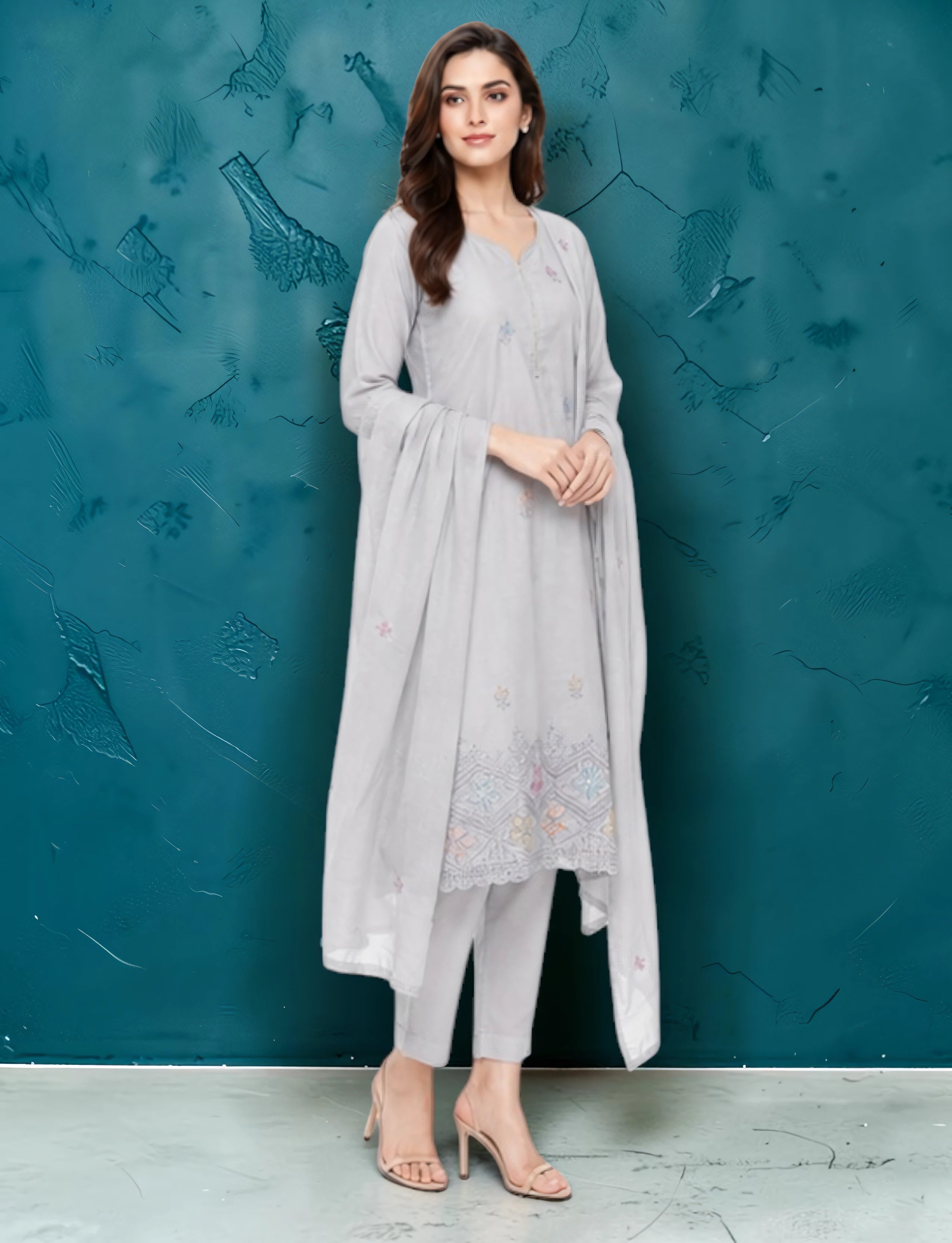 Cotton Salwar Suit Set with Embroidered Daman - Light Grey