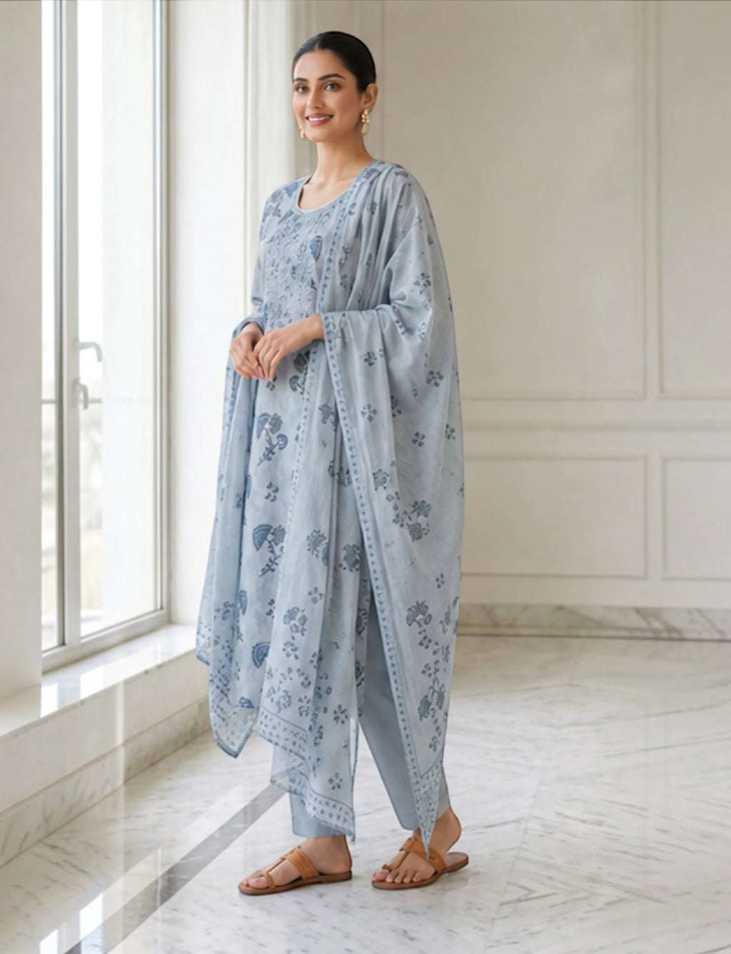 Cotton Salwar Suit Set with Neck Embroidery - Blue