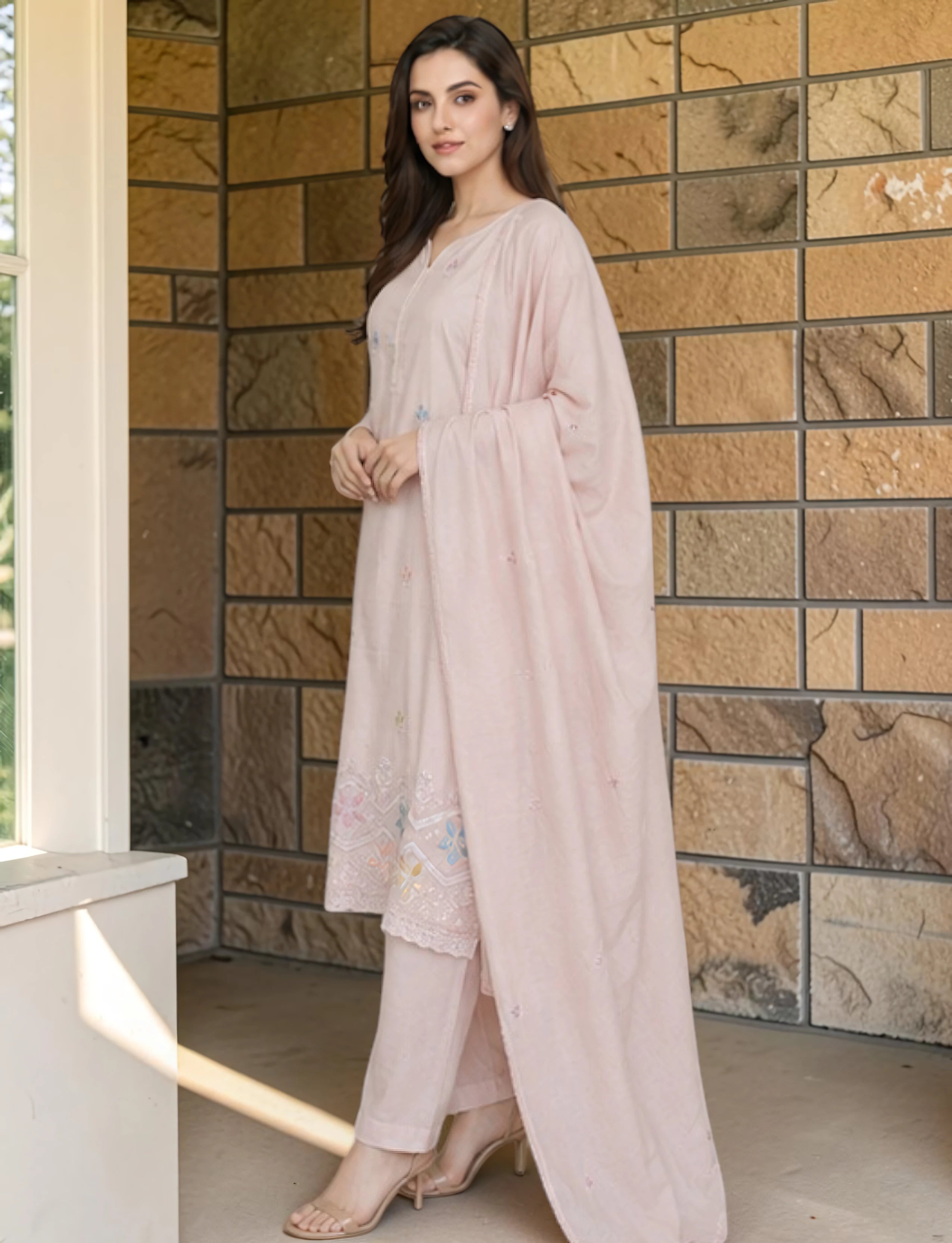 Cotton Salwar Suit Set with Embroidered Daman - Pastel Blush Pink