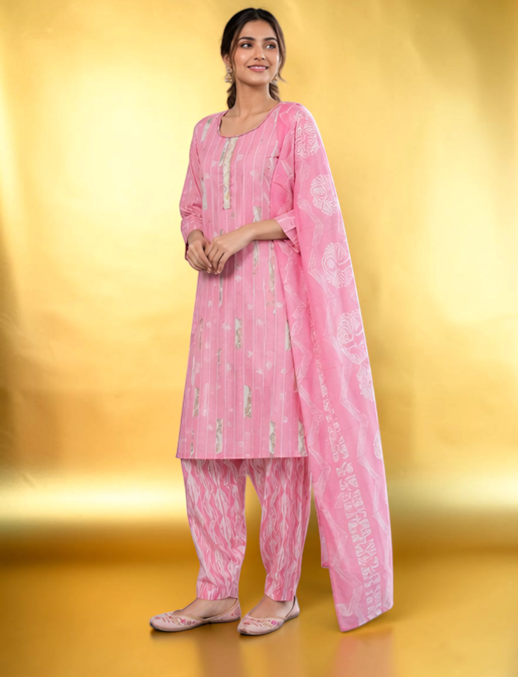 Cotton Printed Salwar Suit Set - Pink