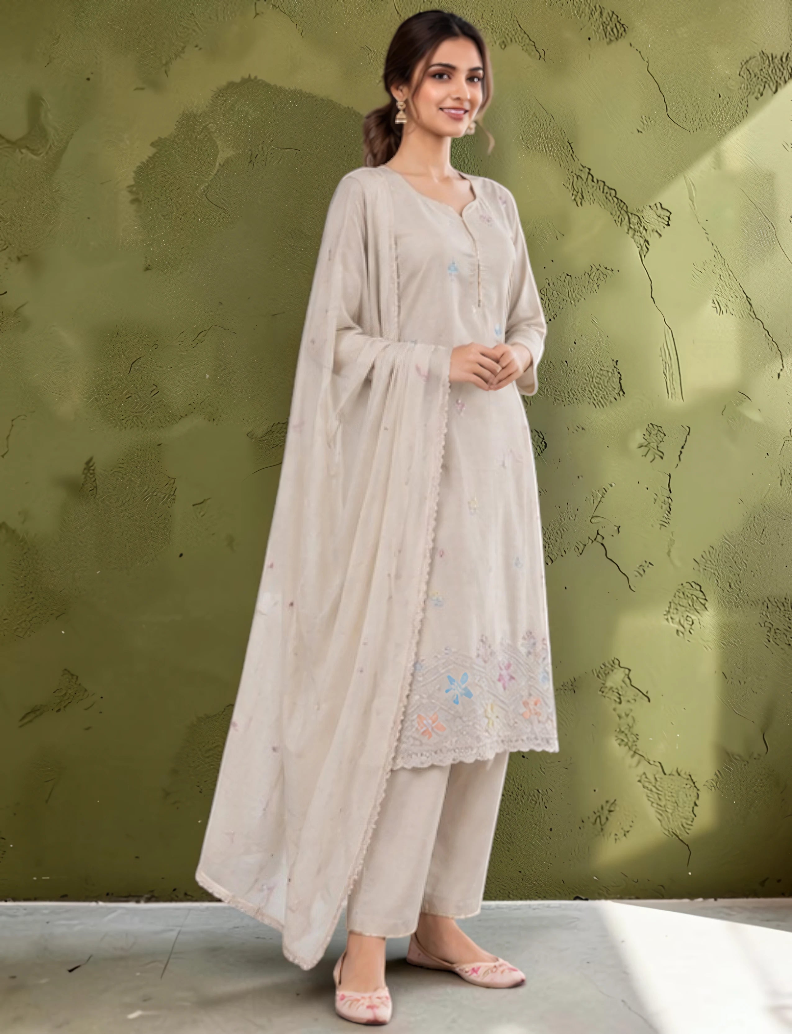 Cotton Salwar Suit Set with Embroidered Daman - Beige
