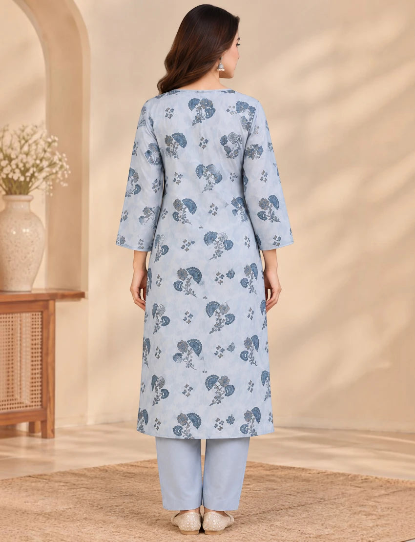 Cotton Salwar Suit Set with Neck Embroidery - Blue