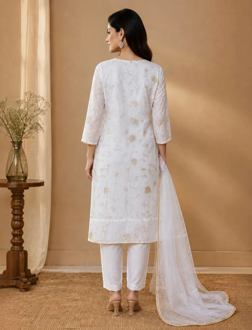 White Floral Embroidered Kurta Set