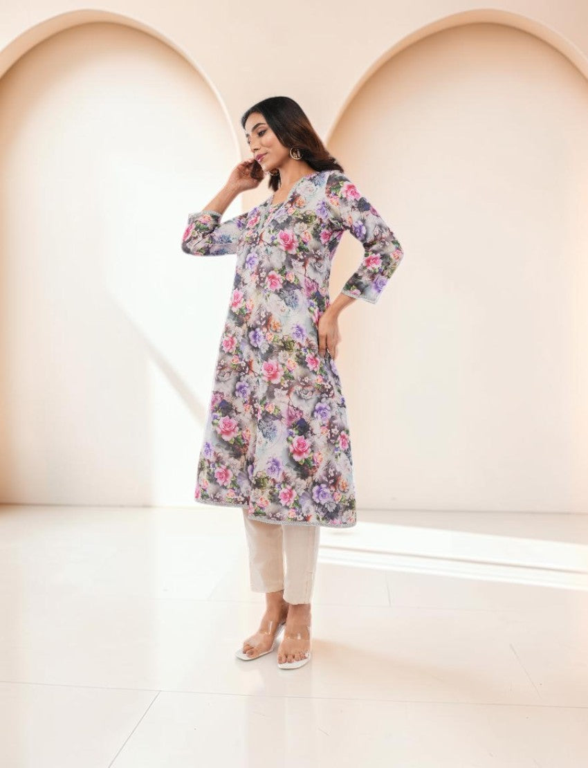 Women Cotton Floral Print Salwar Suit, 3/4 Sleeve Kurta with Pants