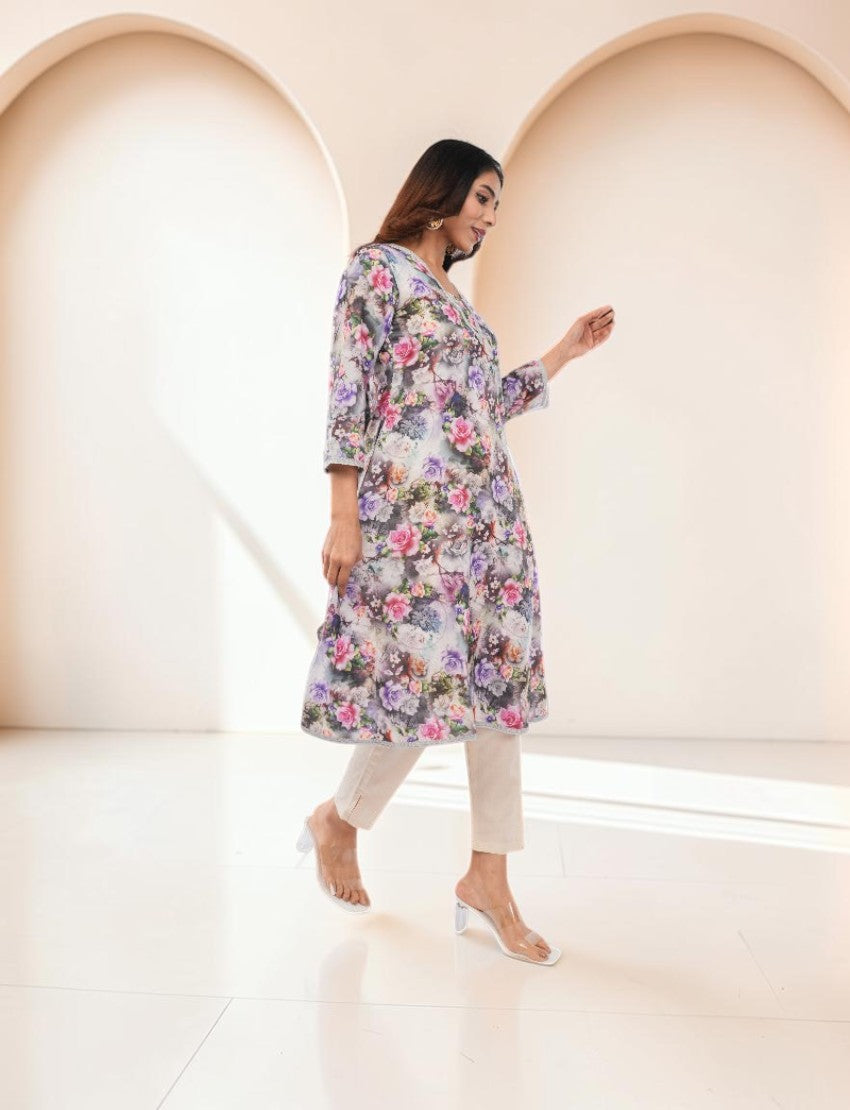 Women Cotton Floral Print Salwar Suit, 3/4 Sleeve Kurta with Pants