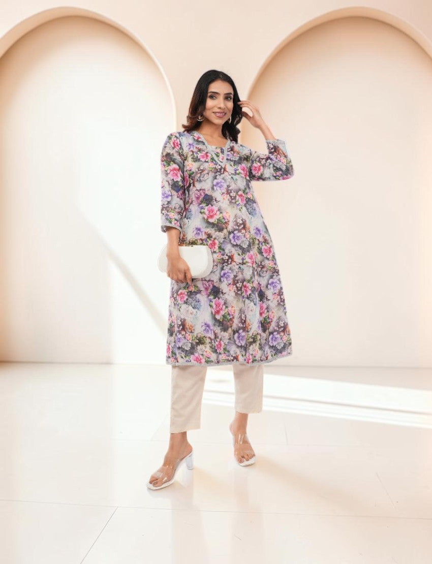 Women Cotton Floral Print Salwar Suit, 3/4 Sleeve Kurta with Pants