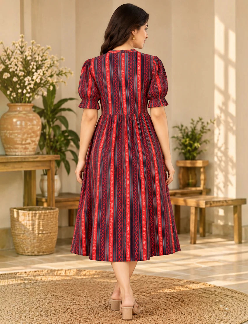 Women's Printed Fit & Flare Midi Dress with Puff Sleeves