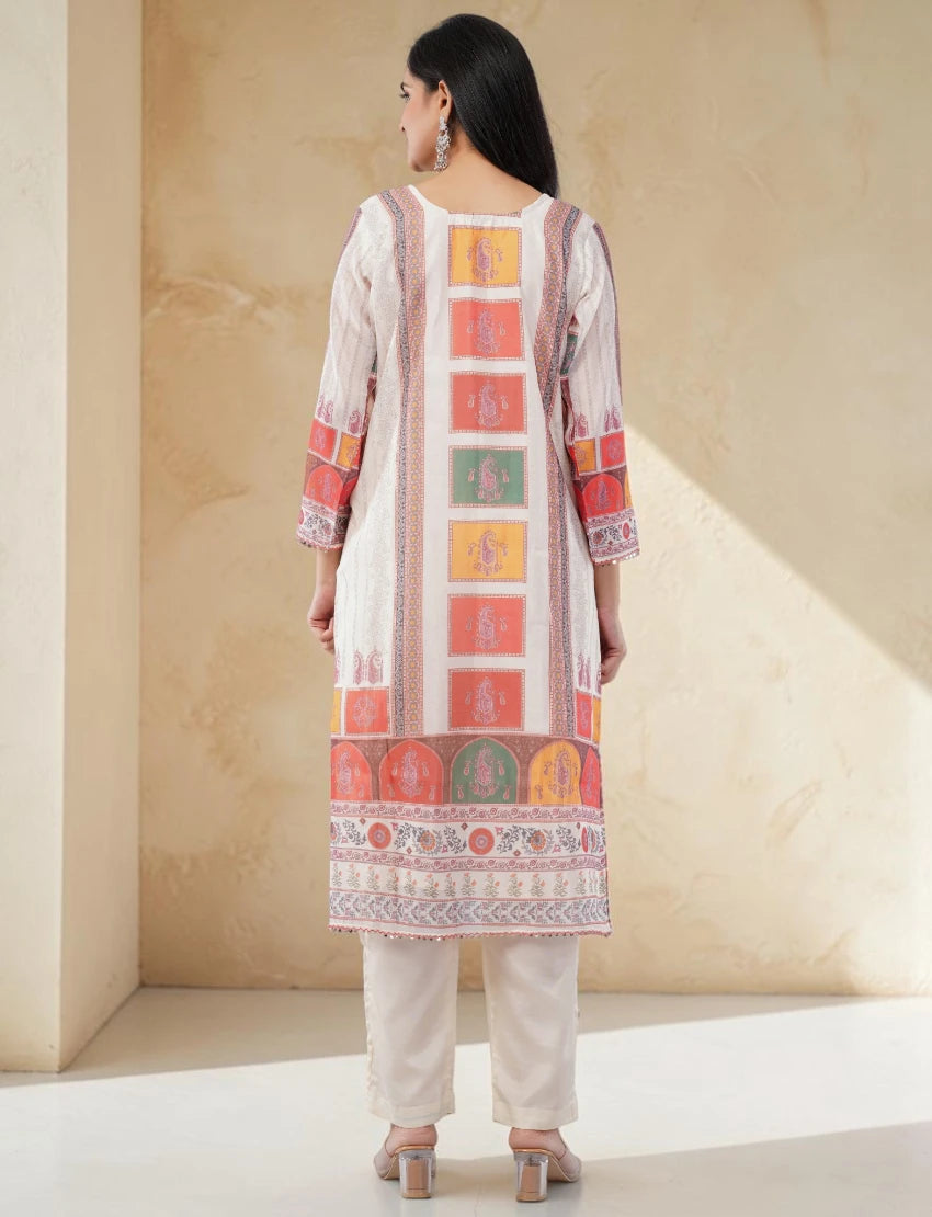 CORAL AND YELLOW BLOCK PATTERN PRINTED SUIT SET