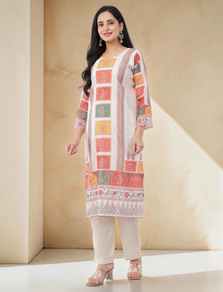 CORAL AND YELLOW BLOCK PATTERN PRINTED SUIT SET