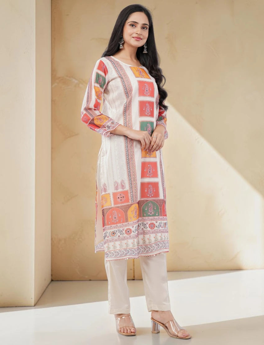 CORAL AND YELLOW BLOCK PATTERN PRINTED SUIT SET