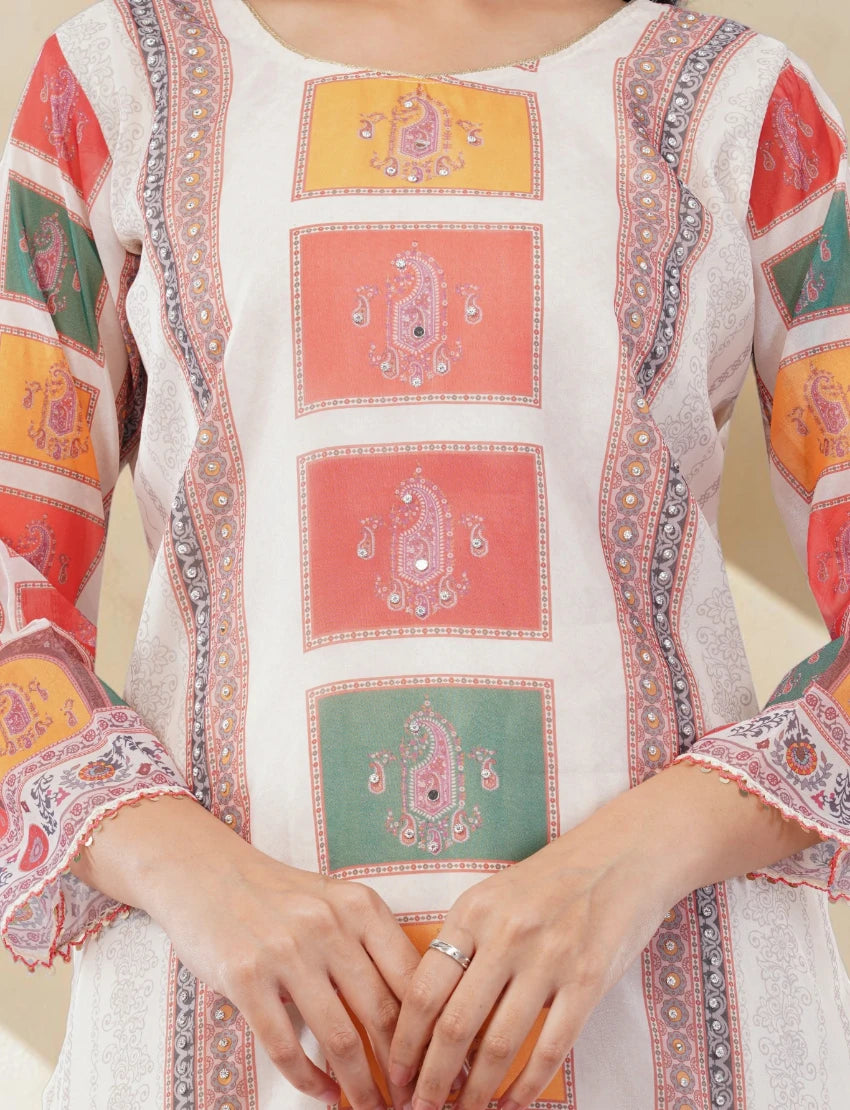 CORAL AND YELLOW BLOCK PATTERN PRINTED SUIT SET