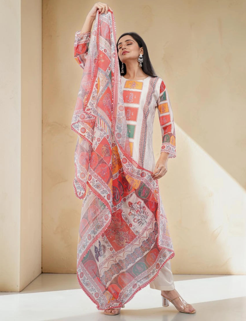 CORAL AND YELLOW BLOCK PATTERN PRINTED SUIT SET