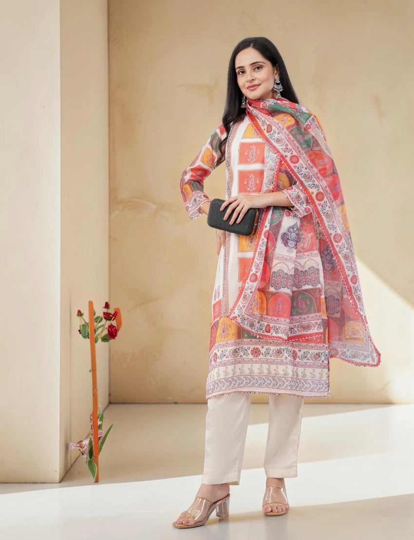CORAL AND YELLOW BLOCK PATTERN PRINTED SUIT SET