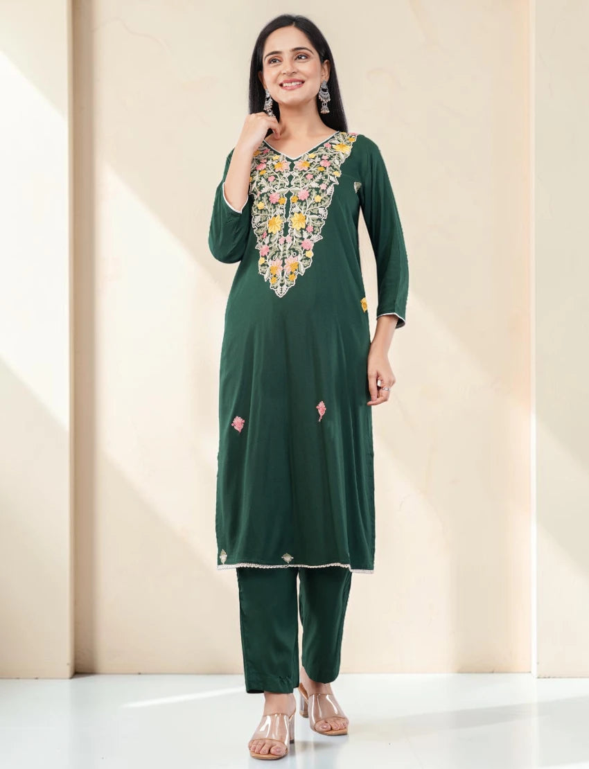 GREEN FLORAL EMBROIDERED COTTON SALWAR SUIT SET