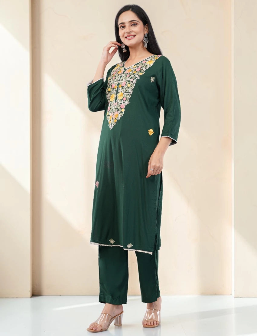 GREEN FLORAL EMBROIDERED COTTON SALWAR SUIT SET
