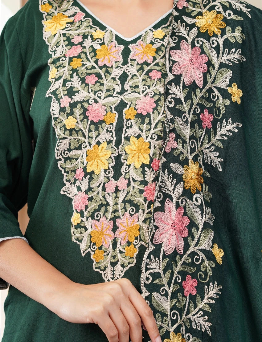 GREEN FLORAL EMBROIDERED COTTON SALWAR SUIT SET