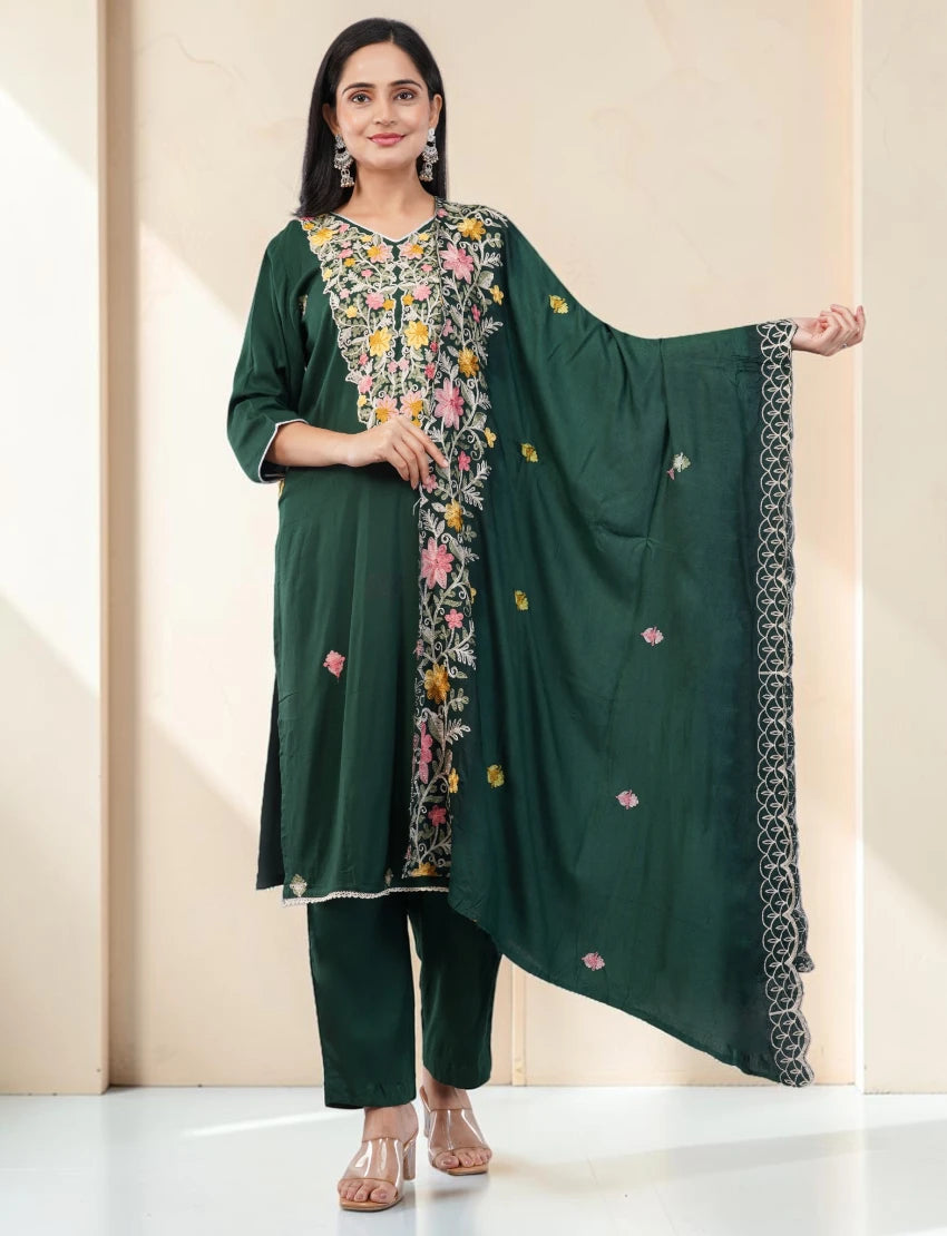 GREEN FLORAL EMBROIDERED COTTON SALWAR SUIT SET
