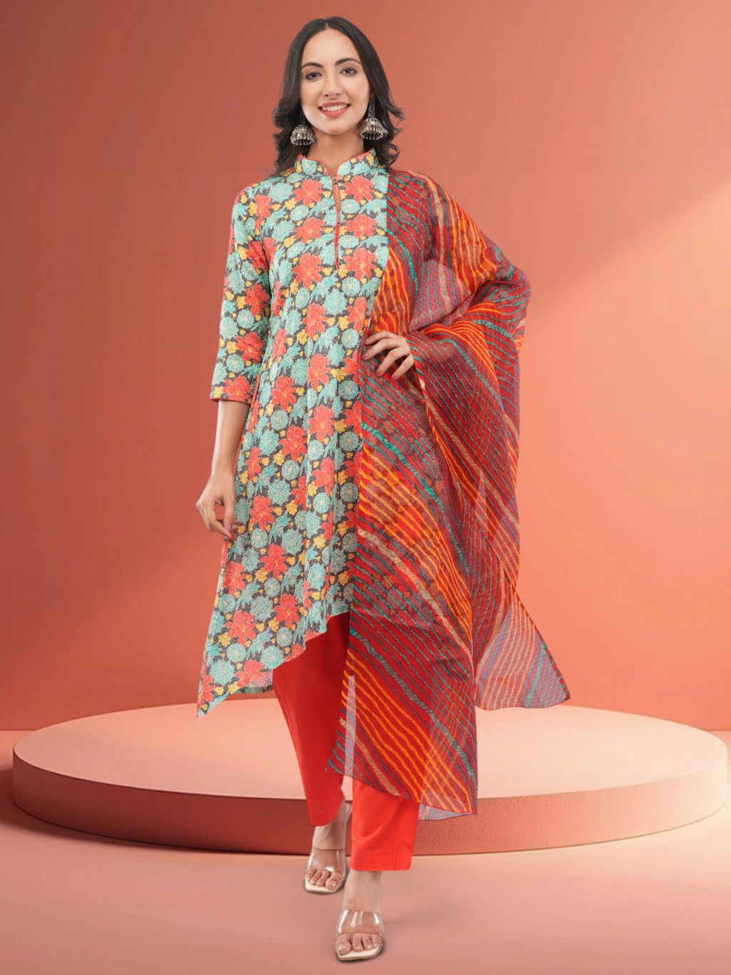 Women's Multicolor Chinon Floral Embroidered Salwar Suit Set