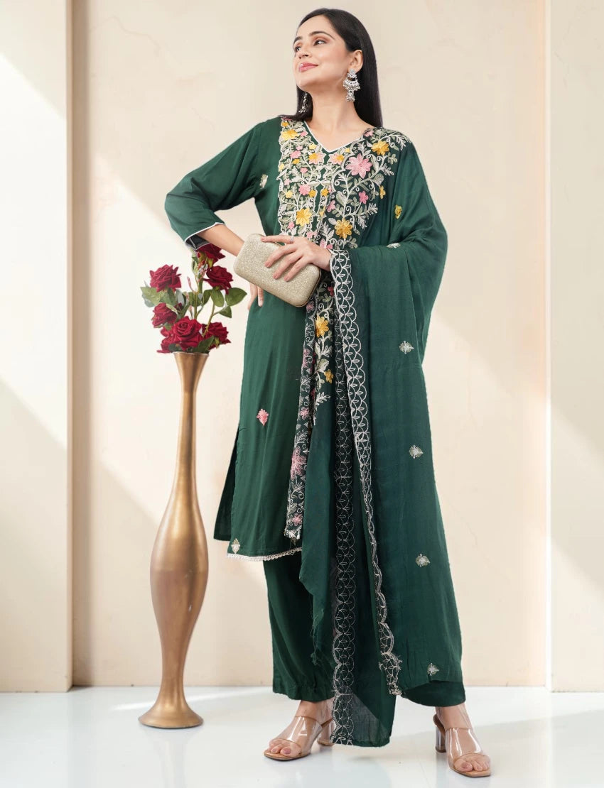GREEN FLORAL EMBROIDERED COTTON SALWAR SUIT SET