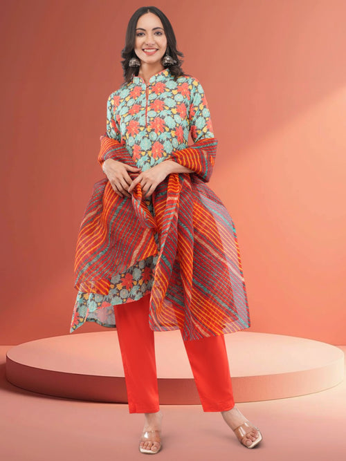 Women's Multicolor Chinon Floral Embroidered Salwar Suit Set
