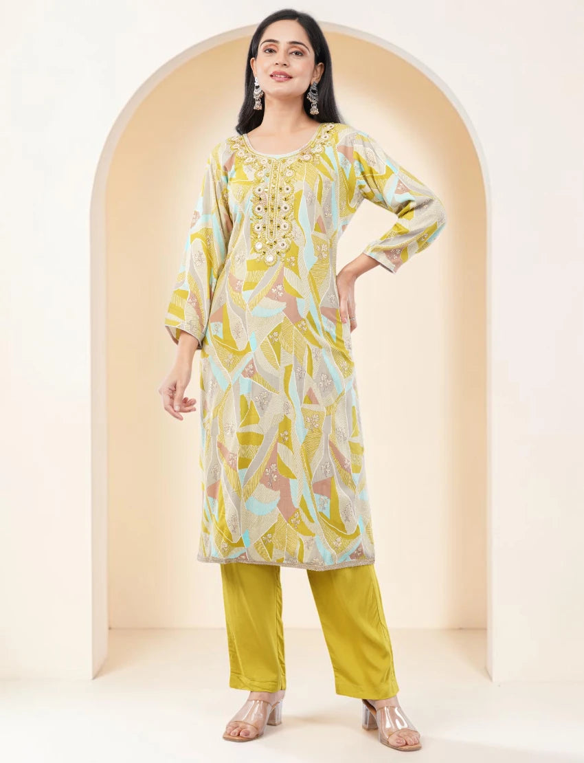 YELLOW EMBROIDERED COTTON SALWAR SUIT SET