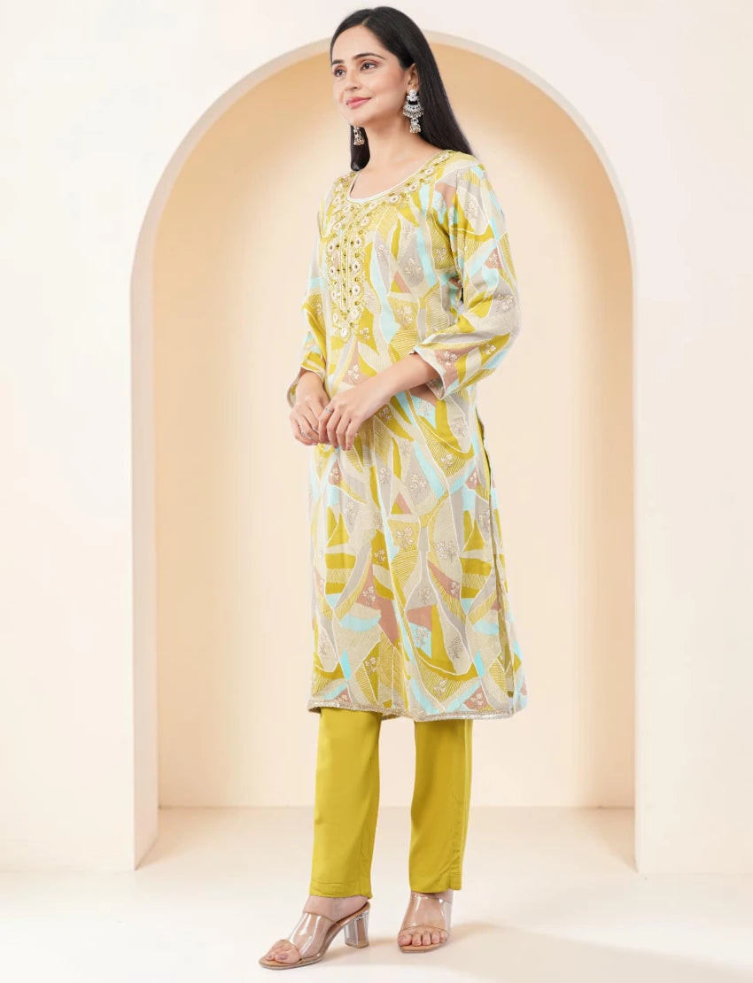 YELLOW EMBROIDERED COTTON SALWAR SUIT SET