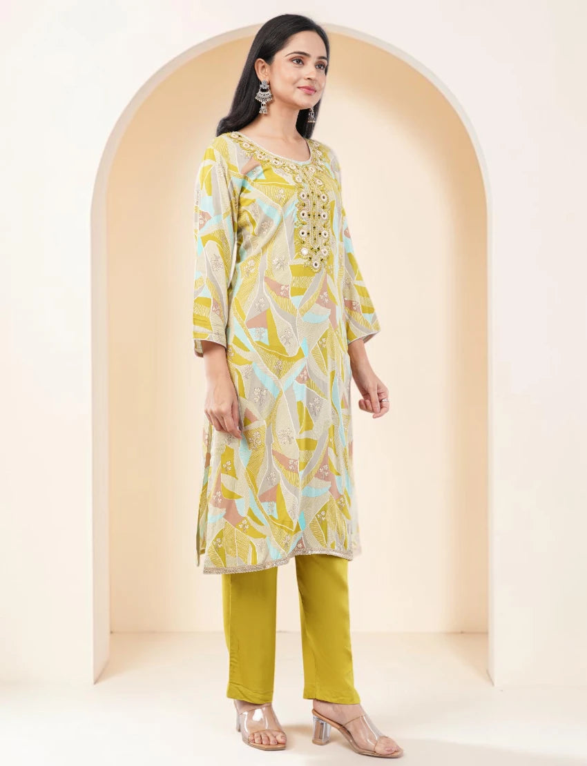 YELLOW EMBROIDERED COTTON SALWAR SUIT SET