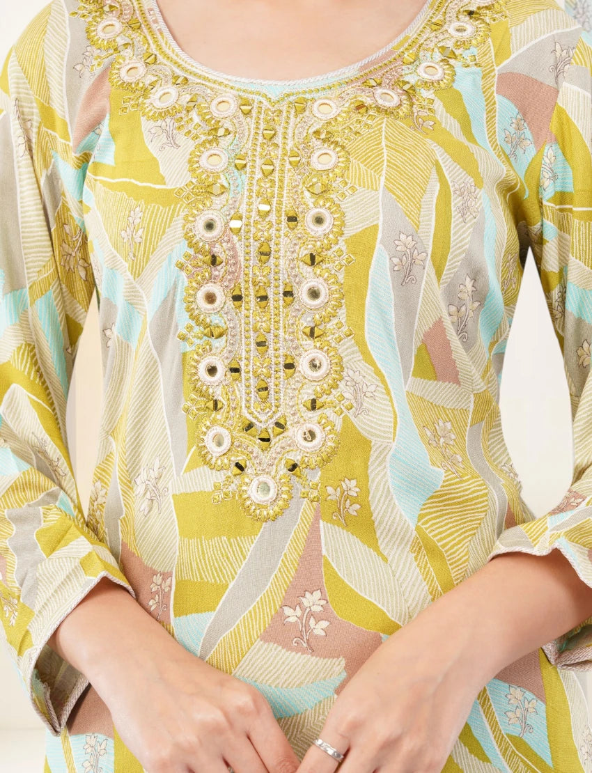 YELLOW EMBROIDERED COTTON SALWAR SUIT SET