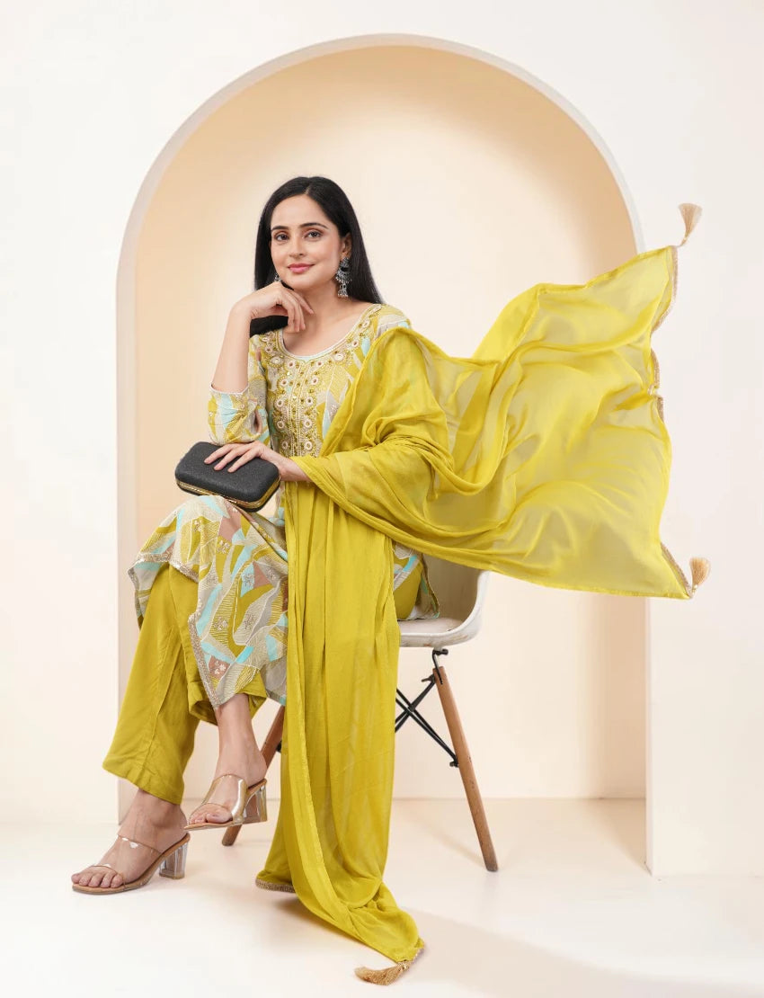 YELLOW EMBROIDERED COTTON SALWAR SUIT SET